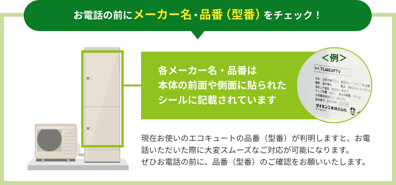 お電話の前にメーカー名・品番（型番）をチェック！各メーカー名・品番は本体の前面や側面に貼られたシールに記載されています